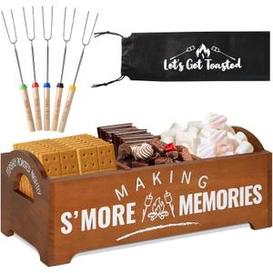 Smores Kit, S'Mores Station with 5 Extendable Marshmallow Roasting Sticks, Farmhouse Smores Caddy with Handles, Wood Smores Maker Box, Camping Bonfire Accessories, Smores Kit for Fire Pit Outdoor (Brown)