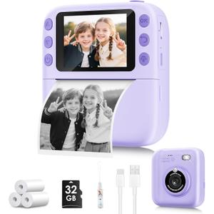 Instant Print Camera for Kids, Christmas Birthday Gifts for Girls Boys, 1080P Instant Digital Print Cameras for Toddler,Portable Toy for 4 5 6 7 8 9 10 Year Old Girl with 32GB SD Card Purple