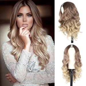 Highlight V Part Wig Ombre Upgrade Glueless U Part Wig Clip in Hair Extensions Synthetic Half Wig for Black Women Long Brown Blonde Hair Replacement Wigs for White Women (T4/33/15#)