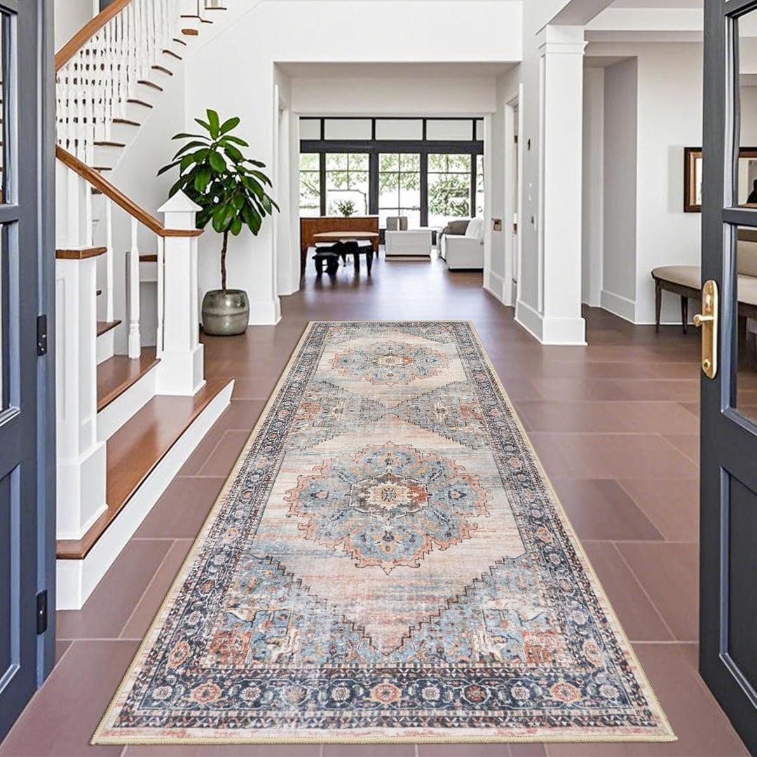 Washable Runner Rug 4x10 - Hallway Runner Rug Kitchen Rugs and Mats Non Skid Washable Waterproof Carpet Runner for Living Room Bedroom Bathroom (Blue, 4X10)