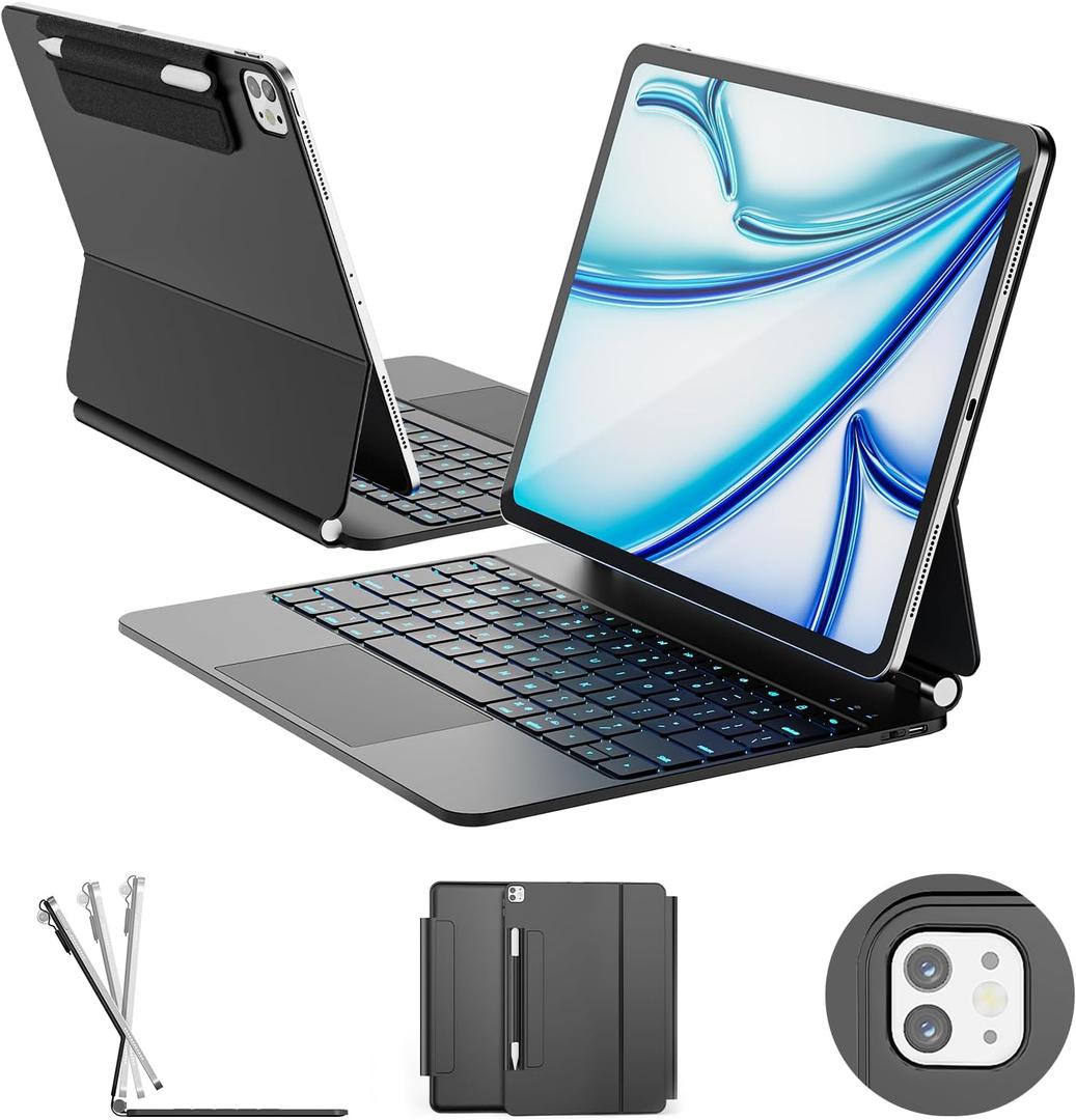 RAYMCRAFT for iPad Air 13-inch Case with Keyboard (M3,2025 / M2,2024), iPad Pro 12.9 (6th/5th/4th/3rd Gen) Magic Keyboard, Springy Backlit Keys, Stain-Resistant Surface, Multi-Touch Trackpad, Black