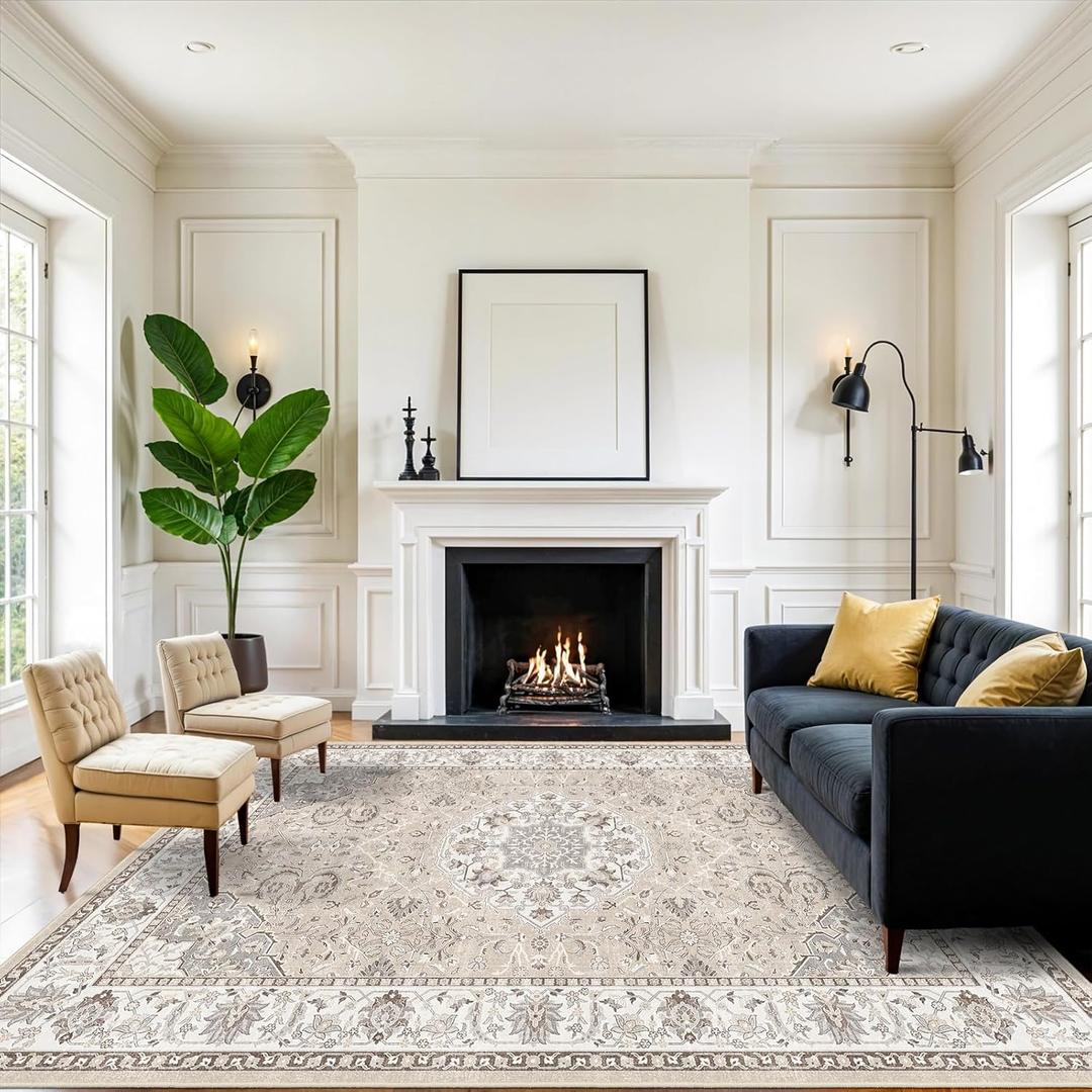 8x10 Living Room Rug for Family- Washable Oriental Stain Resistant Rugs for Bedroom Nursery Non Slip Ultra Soft Carpet for Dining Room Medallion Farmhouse Home Decor Floor Decoration Mat (8x10 Beige)