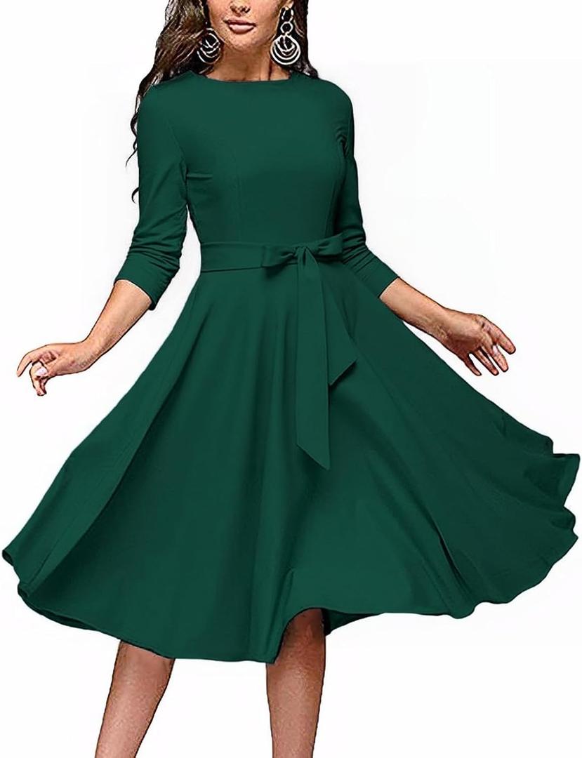 FENJAR Women's Cocktail Dresses 3/ 4 Sleeve Vintage Wedding Guest Work Semi Formal A Line Dresses Midi with Belt (US, Alpha, XL, Regular, Green)