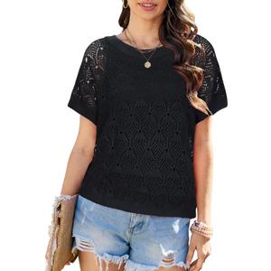 Women Crochet Sweater Cap Short Sleeve Summer Sweatwers Hollow Out See Through Knit Tops (Black, XL)