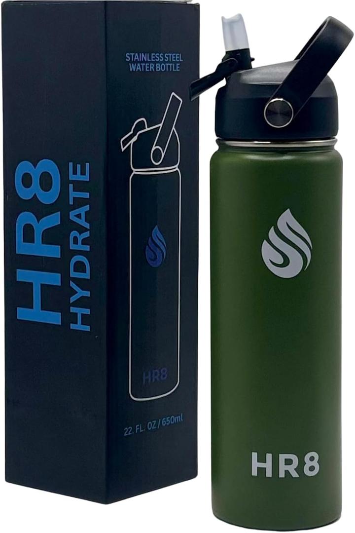 HR8 Stainless Steel Insulated Water Bottle with Straw Lid, Wide Mouth Stainless Steel Metal Water Bottle 24H Cold, 12H Hot, Leakproof, BPA-Free (Army Green, 22 Ounces - 650ml)