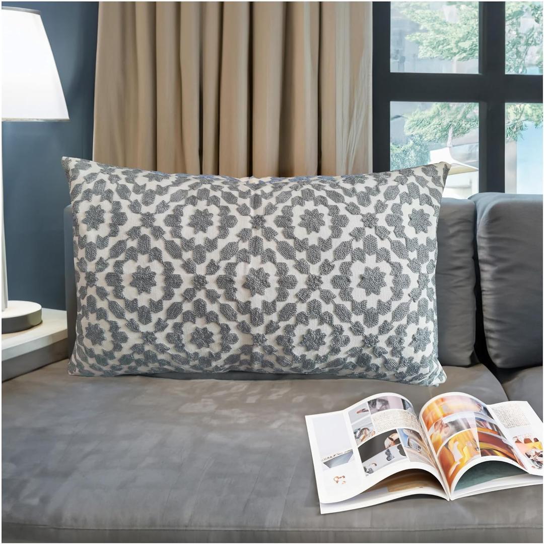Throw Pillow Cover Decorative Lumbar Pillowcase Grey Silver and White 12X20 1PC 30x50cm Mina Gray Silver Embroidered Trellis Cotton Canvas Summer Bolster Pillow Cushion Shell (19.7" x 11.8" (Pack of 1))