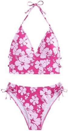 Floerns Women's Tankinis 2 Piece Floral Print Halter Tie Back Crop Top and Bottoms Bikini Set, L Floerns Women's Tankinis 2 Piece Floral Print Halter Tie Back Crop Top and Bottoms Bikini Set, L