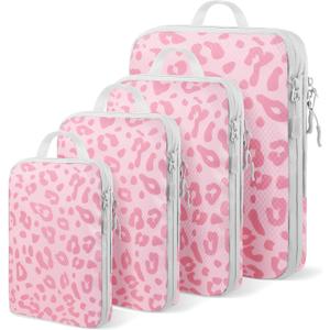 4-Piece Packing Cube Set - Lightweight Luggage Organizers for Travel, Vacation and Suitcases - Durable Accessories with Compression (Pink Leoparda)
