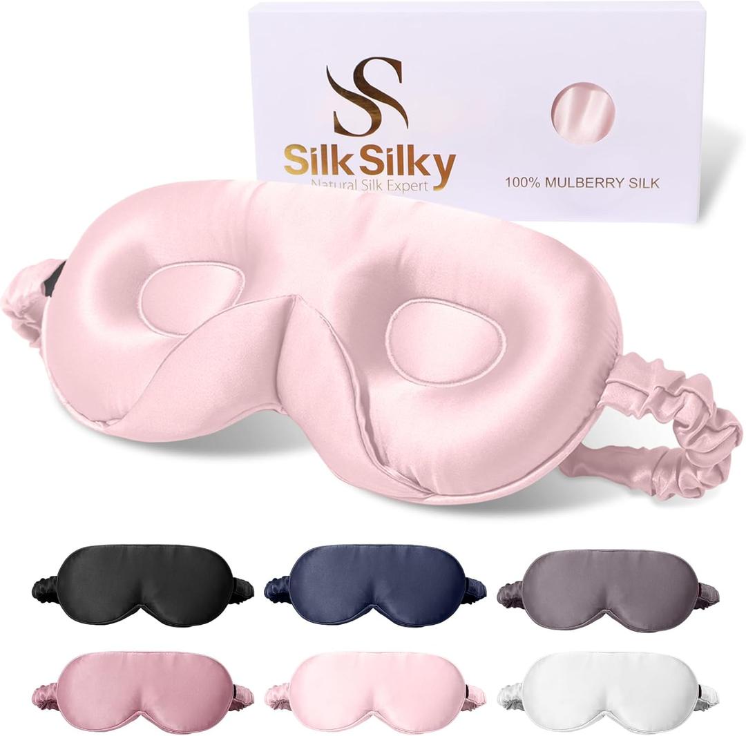 SilkSilky 100% 22 Momme Mulberry Silk Sleep Mask  Upgraded 3D Contoured Eye Mask with Nose Wing Pads & Adjustable Strap, Luxury Blackout Eye Cover for Women & Men (Pink)