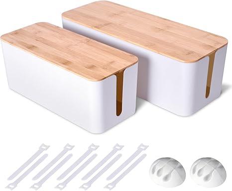 2 Pack Large Cable Management Box – Wooden Style Cord Organizer and Cover for TV Wires, Computer, Router, USB Hub and Under Desk Power Strip – Safe ABS Material and BabyPets Proof Lock (White)
