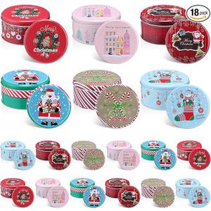 LemonRoad 18 Pack 5.2 Inch Round Christmas Cookie Tins with Lids for Gift Giving Holiday Treats, Metal Empty Candy Tin Containers, Small Xmas Cookie Jar for Baking Party Favors(Classic Style)