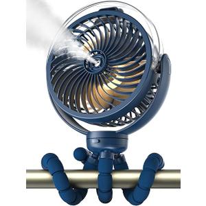 Misting Stroller Fan, 6000mAh Battery Operated Portable Fan with Light & 360 Pivoting, Personal Fans with Flexible Tripod for Baby, Office, Travel, Treadmill, Outdoors (Dark Blue)