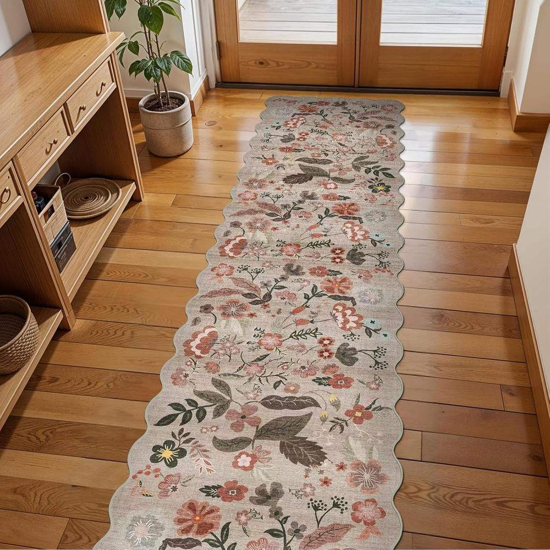 2x8 ft Non-Slip Washable Hallway Runner Rug Boho Vintage Floral Carpet Runner for Kitchen, Bathroom, Bedroom & Entryway Low-Pile Thin Soft Rug with Scalloped Edge (Beige Brown, 2x8)