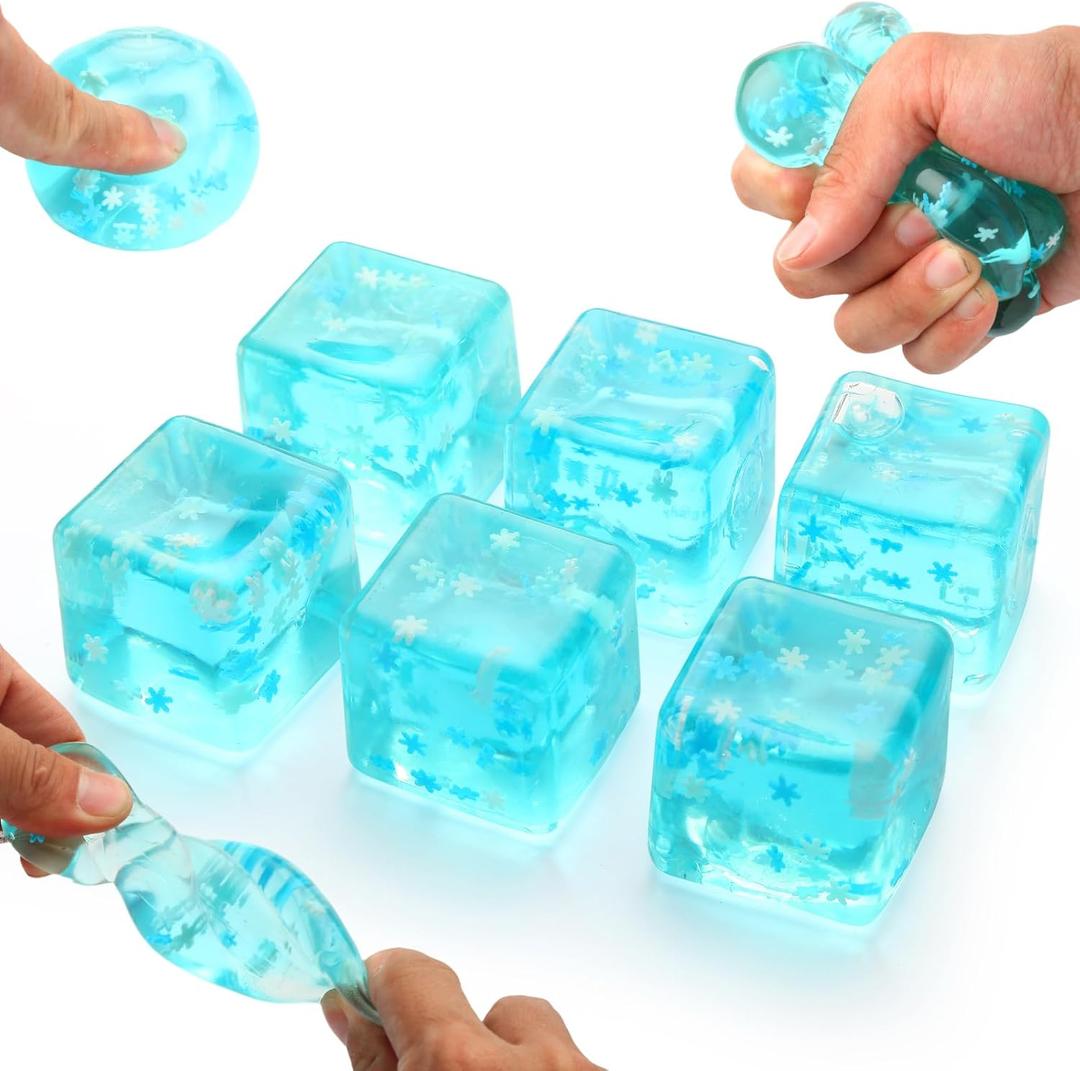 6 Pack Stress Balls Ice Cube with Snowflakes Inside, Sensory Squishy Ice Squeeze Toy Fidget Slow Rise Squishy Balls for Kids and Adults Anxiety Relief, Birthday Gifts Party Favors, Classroom Prizes, 1.4 inches