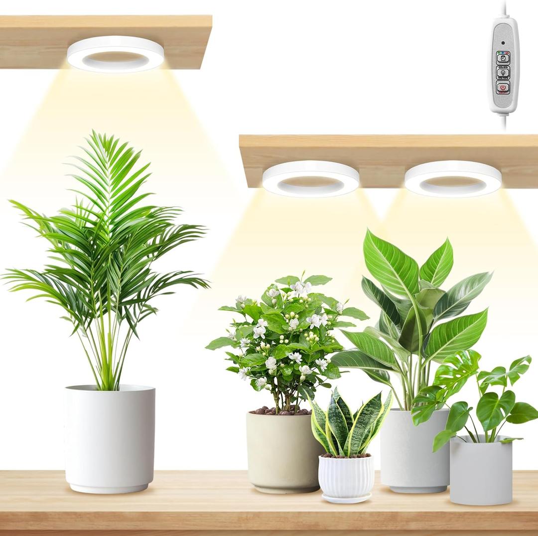 LORDEM 6.3 Ceiling Grow Lamp for Indoor Plants, 216 LEDs Full Spectrum Halo Plant Light, Under Cabinet Grow Lights with 4/8/12H Auto Timer, 3 Switch Modes, 4 Dimmable Brightness Levels, Tri Head