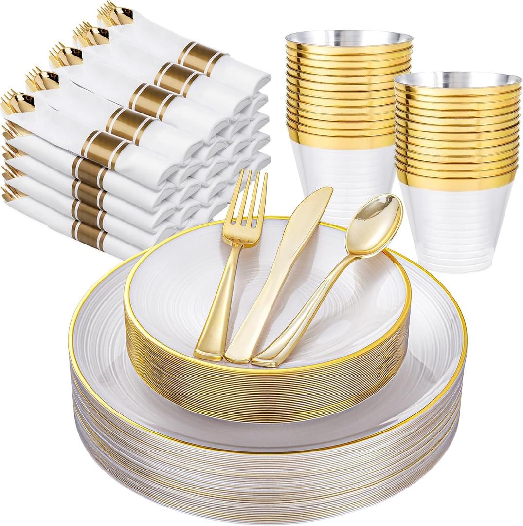 Morejoy 175PCS Pearl White and Gold Plastic Plates - Disposable Gold Party Plates & Pre Rolled Napkins with Cutlery for 25 Guests, 50Plates, 75Silverware, 25Cups, 25Napkin for Party & Thanksgiving
