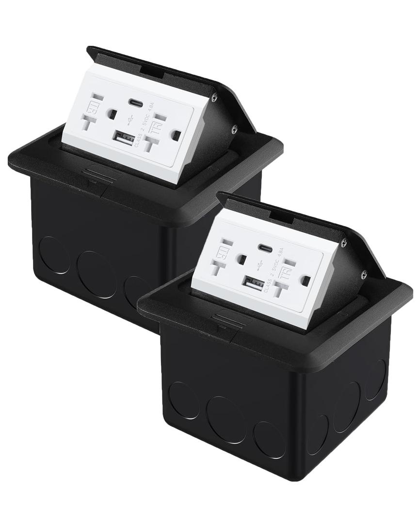 Pop Up Floor Outlet with Stainless Steel Cover 20amp TR Outlet and USB Chargers Receptacle Box (Black, Type-C 2 Pack)