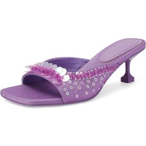 SOVANYOU Sequin Kitten Heels for Women Square Toe Heeled Mules Floral Open Toe Heeled Sandals for Casual Dress (8.5, Purple)