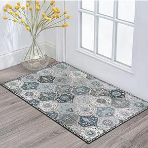 Lahome Moroccan Trellis Front Door Mat Indoor Entrance, 2x3 Rugs for Entryway Non-Slip Washable Indoor Door Mat, Oriental Accent Small Rug for Kitchen Bedroom Bathroom Elise, Blue