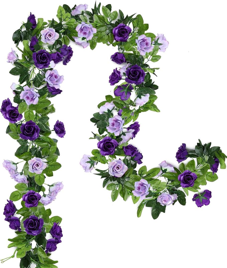 Floweroyal 2 Pack Artificial Flower Garlands 15.8FT Fake Rose Vines Silk Flowers Hanging Rose Ivy for Wedding Arch Party Home Garden Wall Decor (Purple) (2pcs)