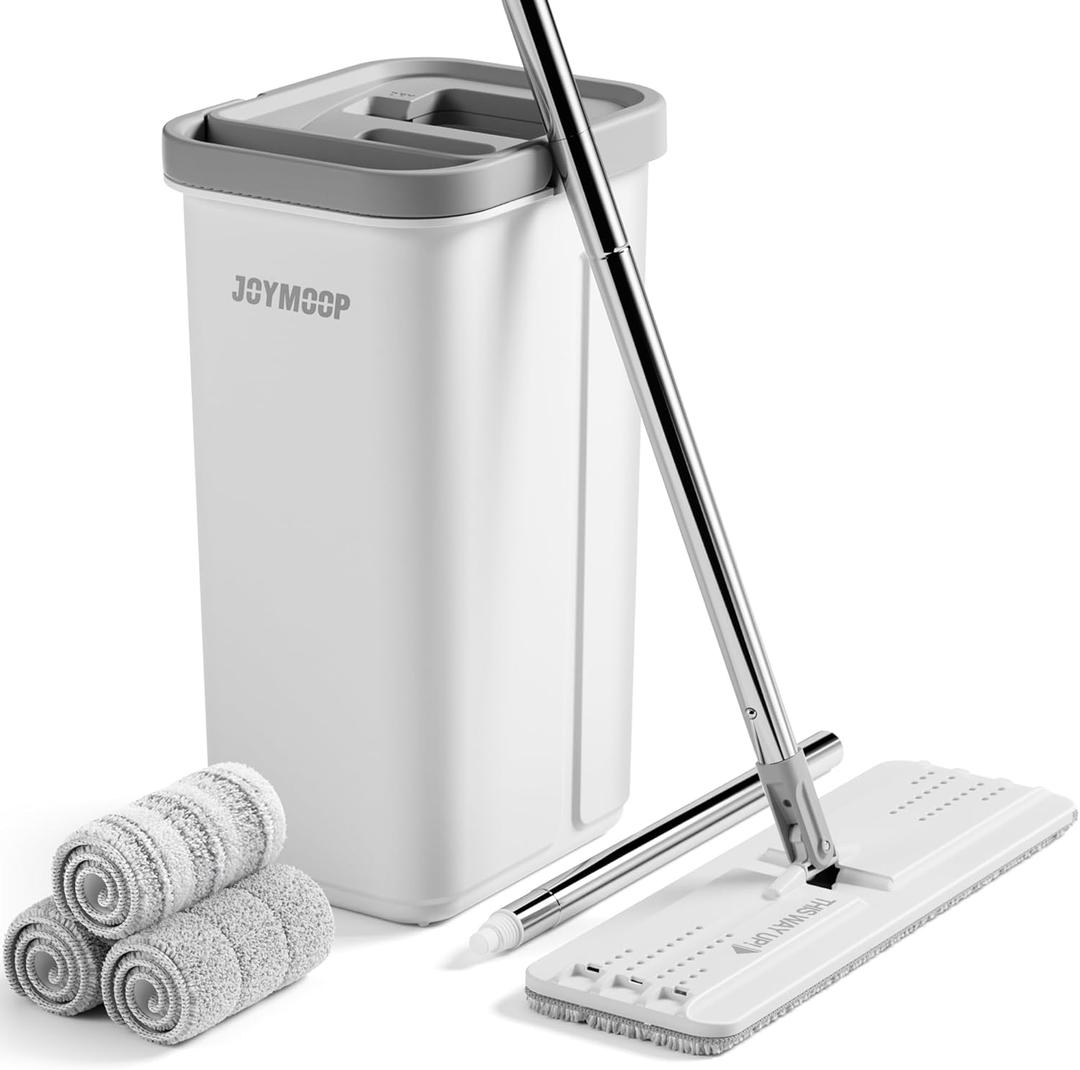 JOYMOOP Mop and Bucket with Wringer Set, Hands Free Flat Floor Mop and Bucket, 60" Mop with 3 Reusable Microfiber Pads, Wet and Dry Use, Floor Cleaning System