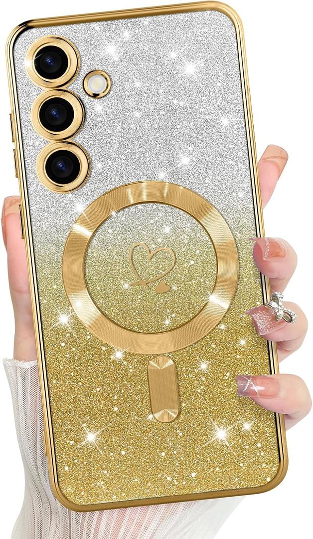 Bonoma Compatible with Samsung Galaxy S24 Fe Case Support for MagSafe, Plating Heart Glitter Magnetic Case TPU Camera Protection Back Cover for Phone Case -Gold