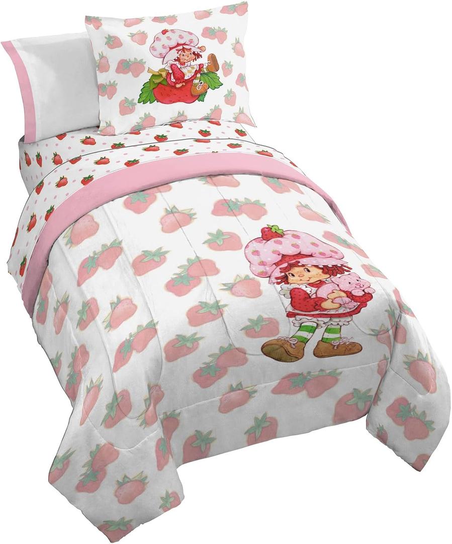 Jay Franco Strawberry Shortcake Full Comforter Set - 7 Piece Bedding Includes Sheet Set & Pillow Covers - Super Soft Pink & White Kids Bedding