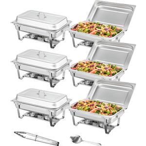 VEVOR Chafing Dish Buffet Set, 8 Qt 6 Pack, Stainless Chafer with 6 Full Size Pans, Rectangle Catering Warmer Server with Lid Water Pan Folding Stand Fuel Holder Tray Spoon Clip, at Least 8 People Eac (Silver)