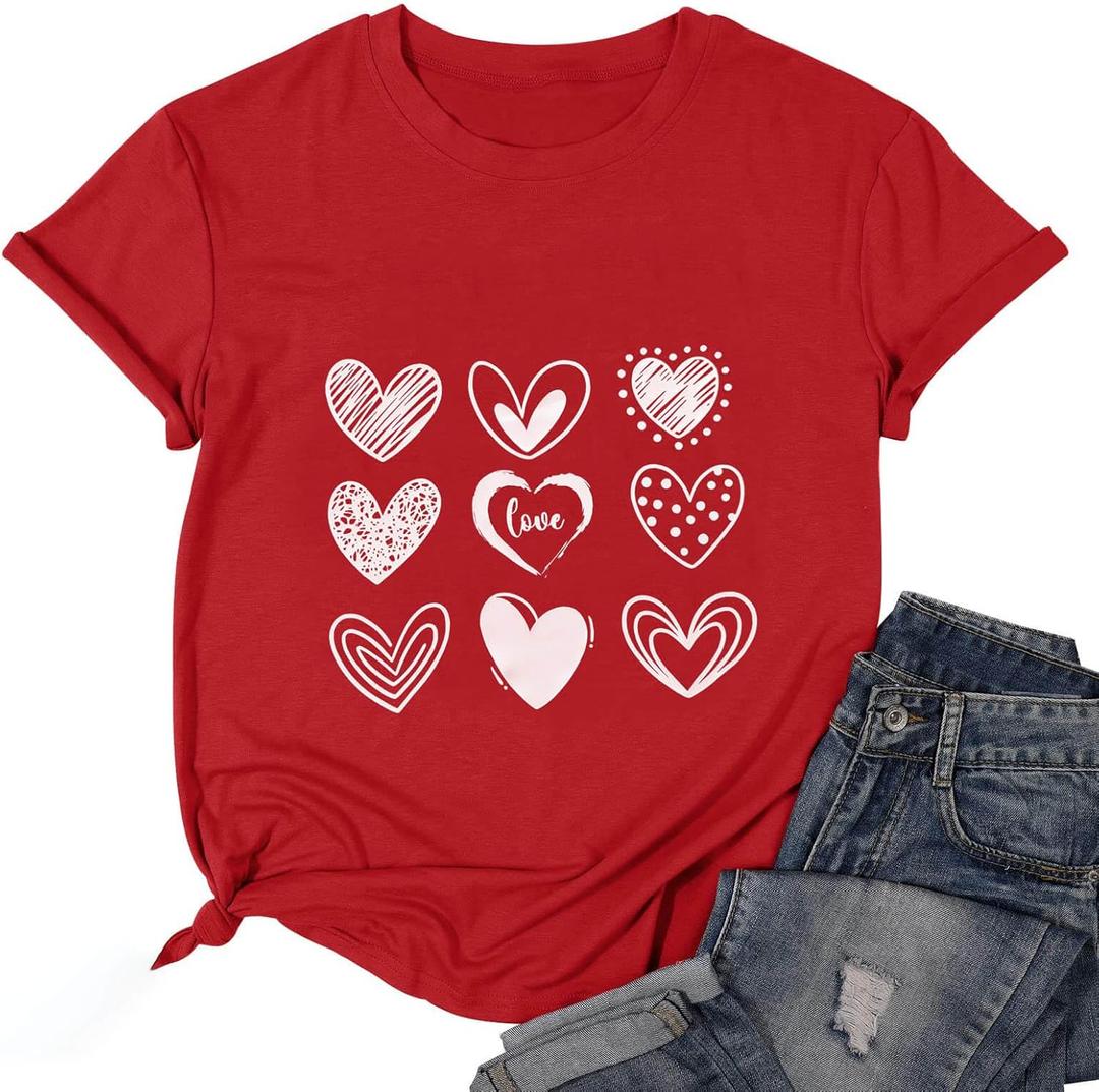 Valentines Shirt for Women Cute Love Heart Tshirts Casual Hearts Graphic Tee Tops for Her (Red, Medium)