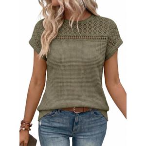 Dokotoo Women's Tops Casual Scoop Neck Short Sleeve Waffle Knit Hollow Out Shirts Loose Tunic Tops Blouses (Green, S)