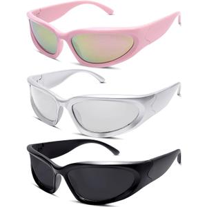 knliwkm 3 Pairs Oval Sporty Wrap Around Sunglasses Y2K Futuristic Glasses Shades for Women Men Trendy Fashion Silver