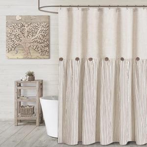 Awellife Farmhouse Beige Shower Curtain Button Linen Textured Woven Fabric, Pleated Beige Stripe, Country Style, 72x72 Inch