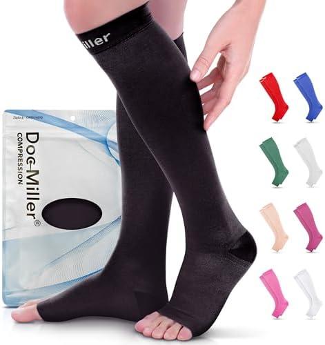 Doc Miller Open Toe Compression Socks for Women & Men 15–20 mmHg, Knee High Calf Support Sleeves, Graduated Stockings for Swelling Recovery, Circulation, 1 Pair Large
