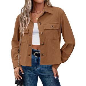Zeagoo Womens Fashion Cropped Corduroy Shackets Button Down Jackets Tops Fall Trendy Long Sleeve Shirts, Medium