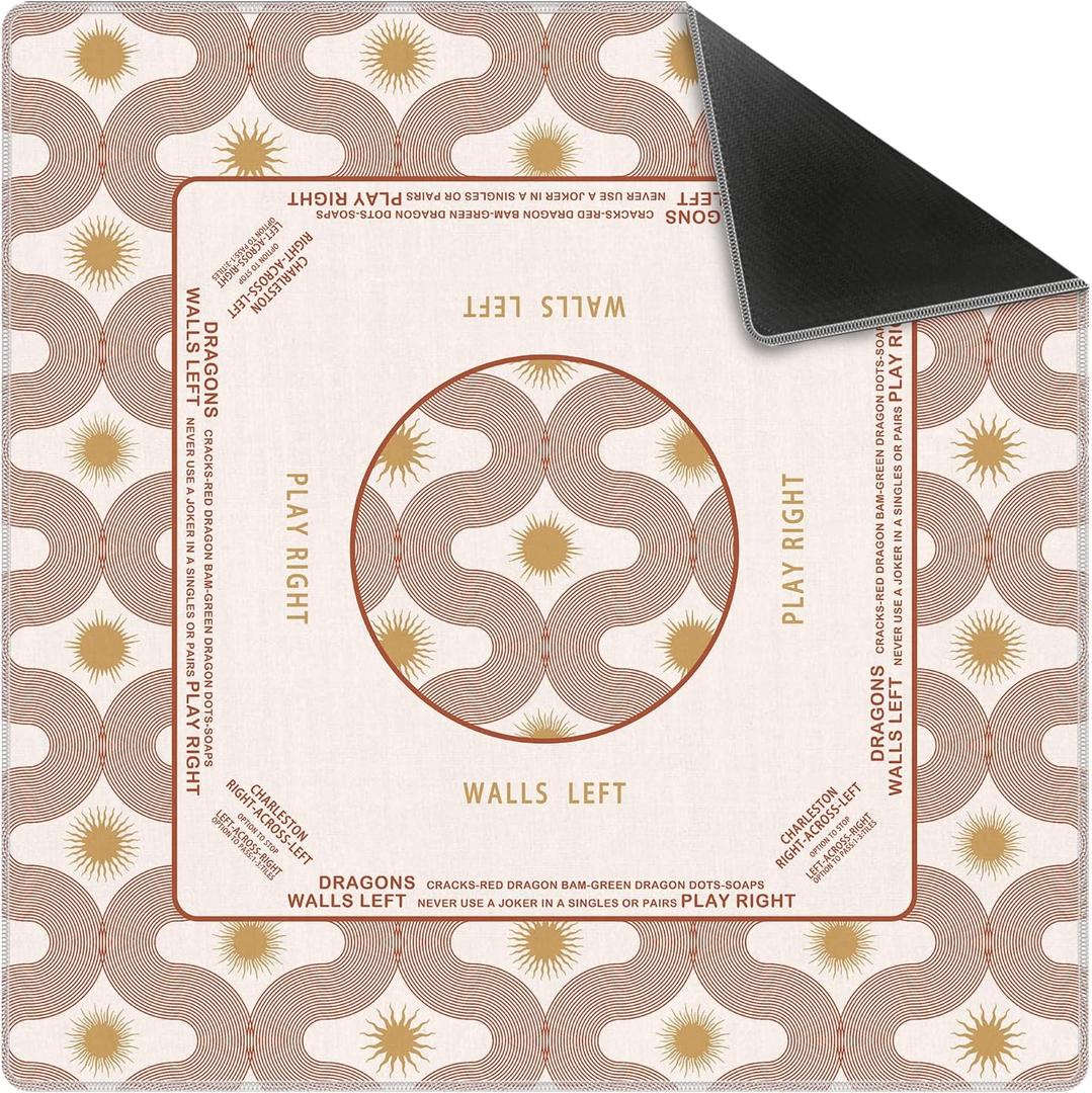 Boho Sun Mahjong Mat 31.5 x 31.5 Inch, Beige Modern Abstract Art Mosaic Sun Geometric Non-Slip Noise Reduction Mahjong Table Mat for American Mah Jong Poker Card Board Games Dominoes