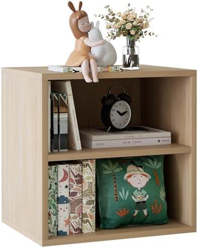 Garden 4 you Cube Storage Organizer Shelf, 2 Tiers Stackable Bookshelf, Wooden Display Bookcase with 2 Cube Storage, Small Storage Cabinet for Living Room Bedroom, Natural