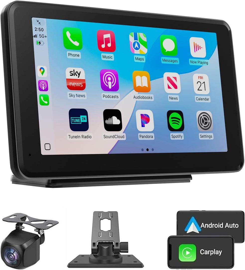 Wireless CarPlay & Android Auto Car Stereo - 7" HD Portable Touchscreen with Bluetooth 5.2, GPS Navigation, Mirror Link, 1080P Backup Camera, AUX & FM Transmitter - Plug & Play Receiver for Vehicles
