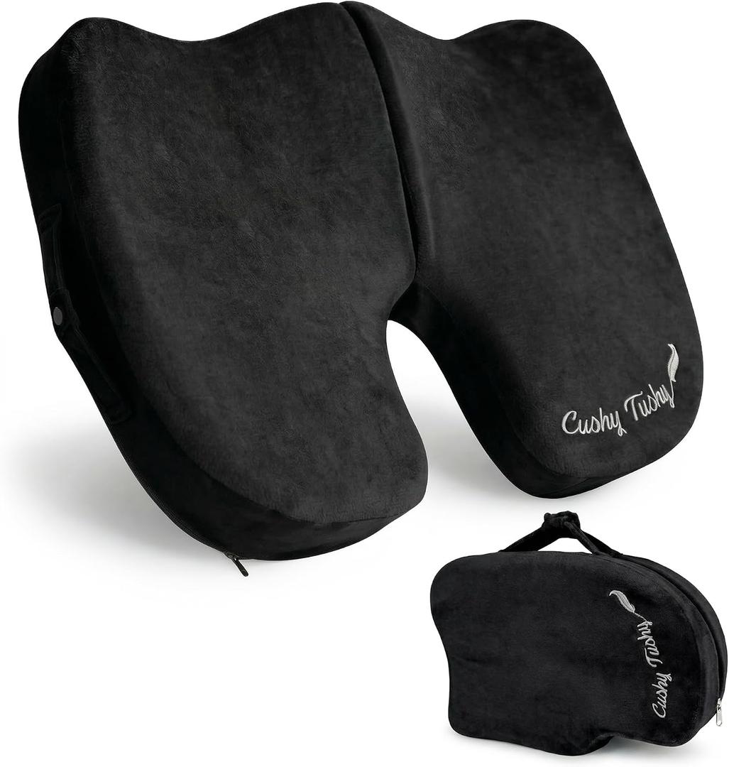 Cushy Tushy Premium Slim Foldable Travel Seat Cushion - for Relief of Lower Back, Sciatic, Butt and Tailbone Pain - for Home & Office Use, Perfect for Travel or Driving - Slim Coccyx Cushion - Black