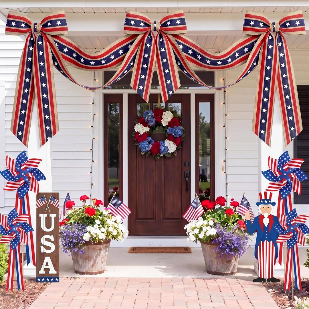 6.57 ft 4th of July Decoration Patriotic American Flag Bunting Patriotic Bow for Wreath Red White Blue Flag Banner for Independence Memorial 250th Anniversary Porch Garden Indoor Outdoor Decor
