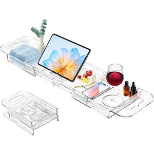 Expandable Drain Bath Caddy Tray for Tub, YOCOMEY Multifunctional Acrylic Bathtub Tray Bathroom Organizer, Simple Bathtub Table Trays Storage Rack for Candle Towel Book Wine Phone Shower(Clear)