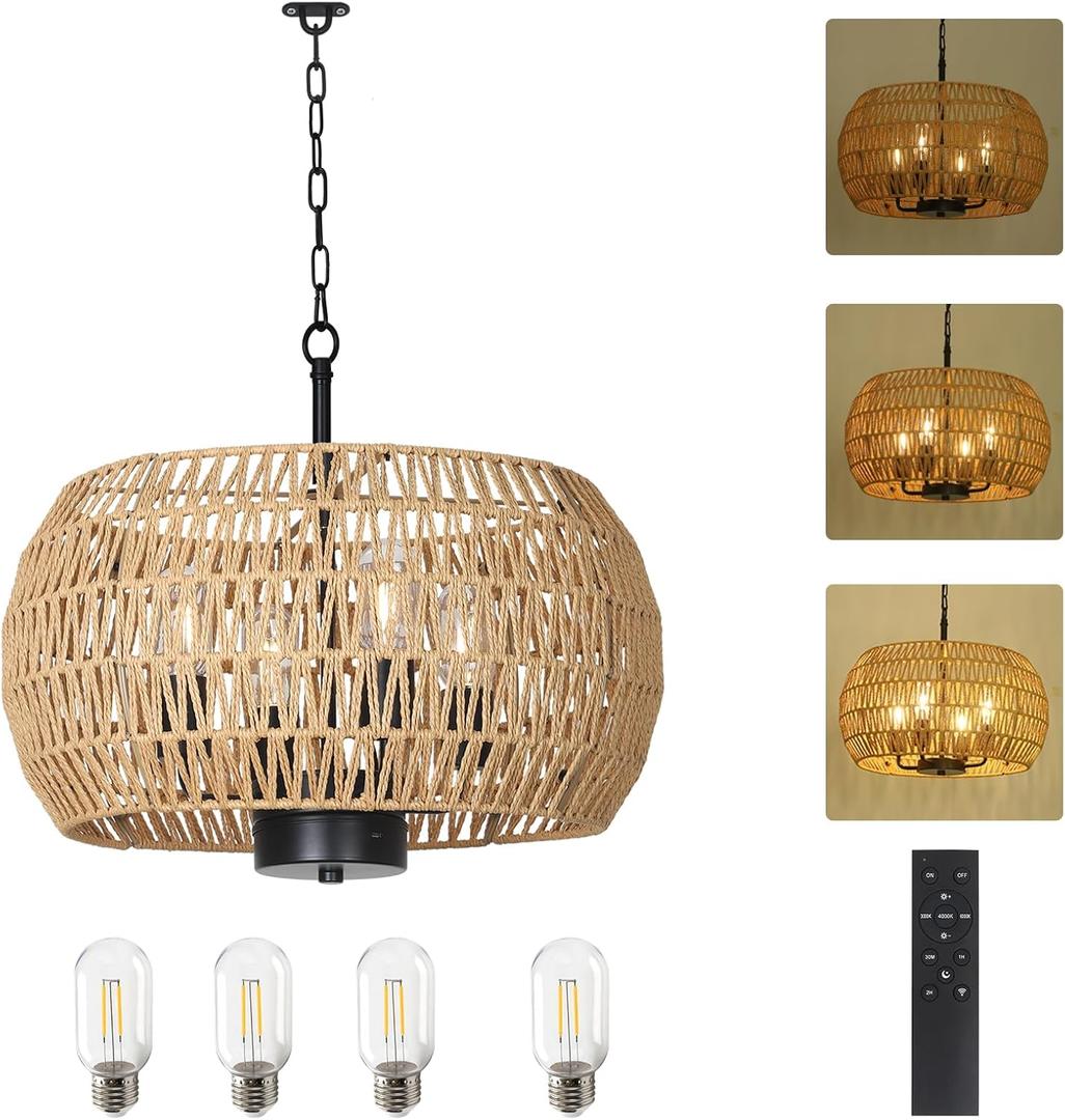 Battery Operated Outdoor Chandelier with Remote & Dimmable LED Bulb, Rattan boho battery powered outdoor lights for patio, Farmhouse hanging pendant light Fixture for yard garden Porch Gazebo