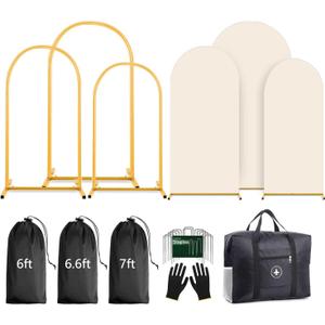 Arch Backdrop Stand and Cover Set (7.2ft,6.6ft,6ft) Metal Arch Frame Stand Gold, Wedding Birthday Party Baby Shower Graduation (Beige, 7.2Ft+6.6Ft+6Ft)