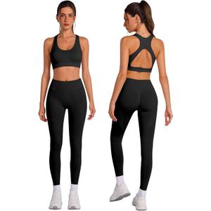 ABOCIW Women's Seamless Workout Sets Racerback Sports Bra Crop Tank Top High Waist Leggings 2 Piece Gym Yoga Outfits (Medium, Cutout Black)