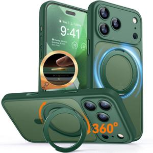 CANSHN 360 Spin Magnetic Stand for iPhone 17 Pro Max Case with Camera Control [Full Camera Protection] [Compatible with Magsafe] Translucent Matte Shockproof Protective Phone Cover 6.9" -Deep Green