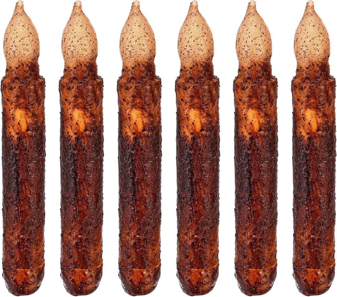 Lpraer 6Pack Real Wax Pillar Taper Candle Primitive Drip Candles Flameless Flickering LED Lights Dipped Battery Operated Halloween Decoration Set Party Festival Church Decor, Brown