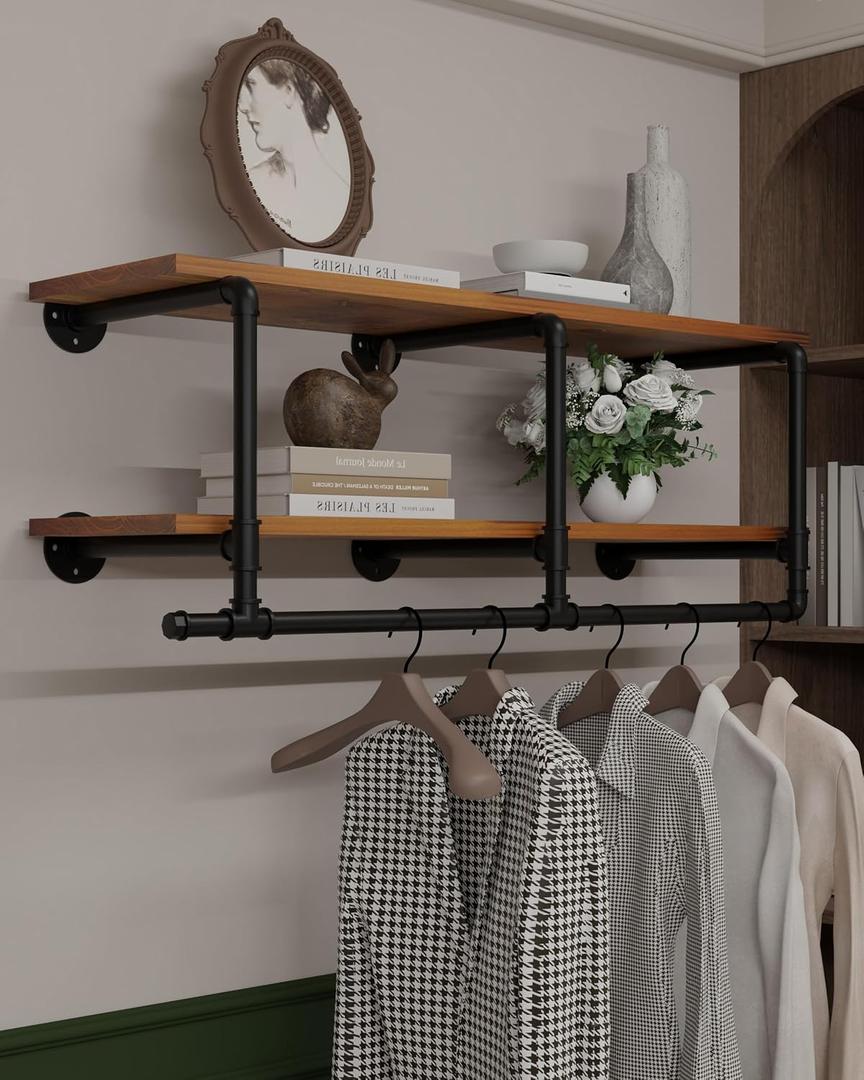 Wall Mounted Clothes Rack 12 Inch Deep, 42in Heavy Duty Garment Rack with Real Black Wood Shelf, Multi-Purpose Hanging Rod & Space-Saving Closet Storage Organizer