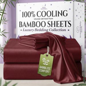 SLEEP SANCTUARY 100% Viscose Derived from Bamboo Sheets Twin Size 4pcs  BamBliss Luxury Cooling Sheets for Hot Sleepers - Cloud Soft, 17" Deep Pocket, Ultra Durable Bed Set (Burgundy)