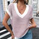Womens Summer Striped Knit Sweater Vest Cap Sleeve Lightweight Casual Pullover Tank Tops (L)