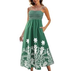 Gardenwed Women's Floral Print Maxi Dress,Spaghetti Strap Smocked Bodice A-Line Sundress with Pockets (Medium)