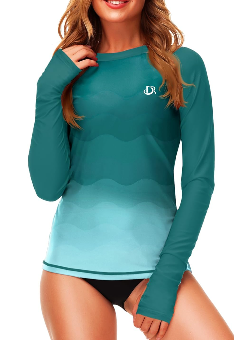 Deerose Womens Gradient Rash Guard UPF 50+ Swim Shirts Surfing Top with Thumb Hole, S
